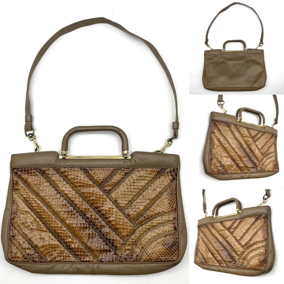 Vintage 70s Bags by Supreme Beige Leather & Python Skin Top Handle Shoulder Bag - Picture 1 of 16